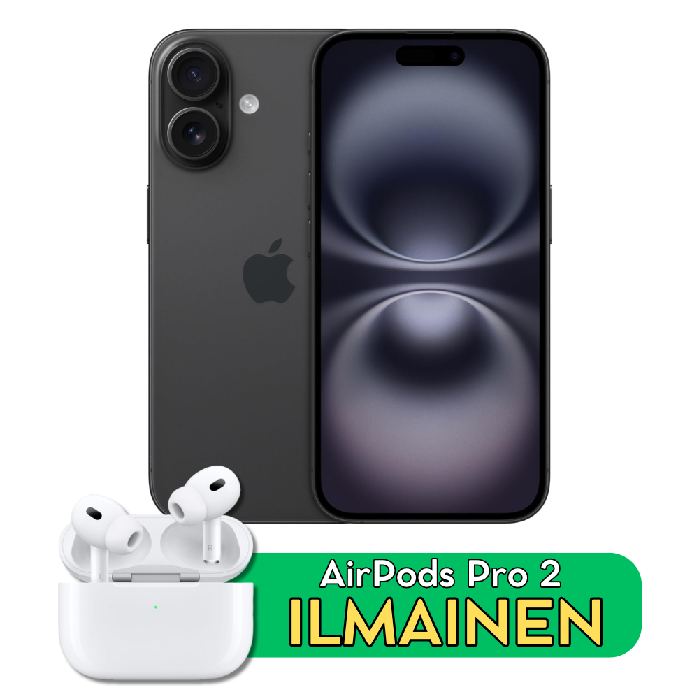 Apple iPhone 16 (128 GB) - Musta + ILMAINEN: AirPods Pro 2